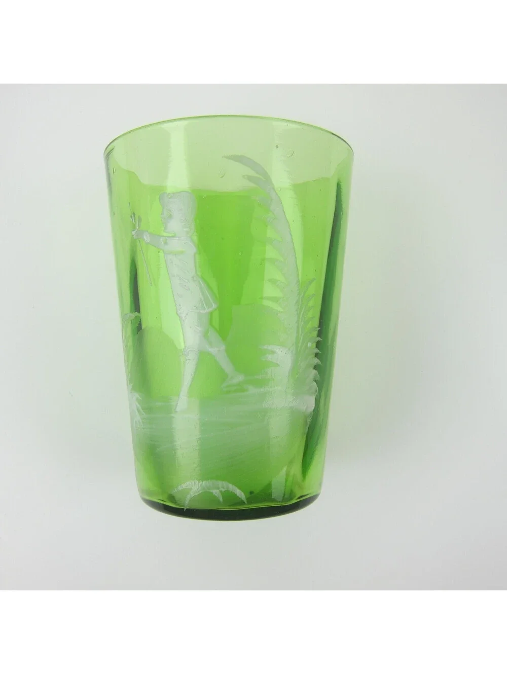 Antique Mary Gregory Green Drinking Glass Victorian Tumbler Boy Holding Flowers